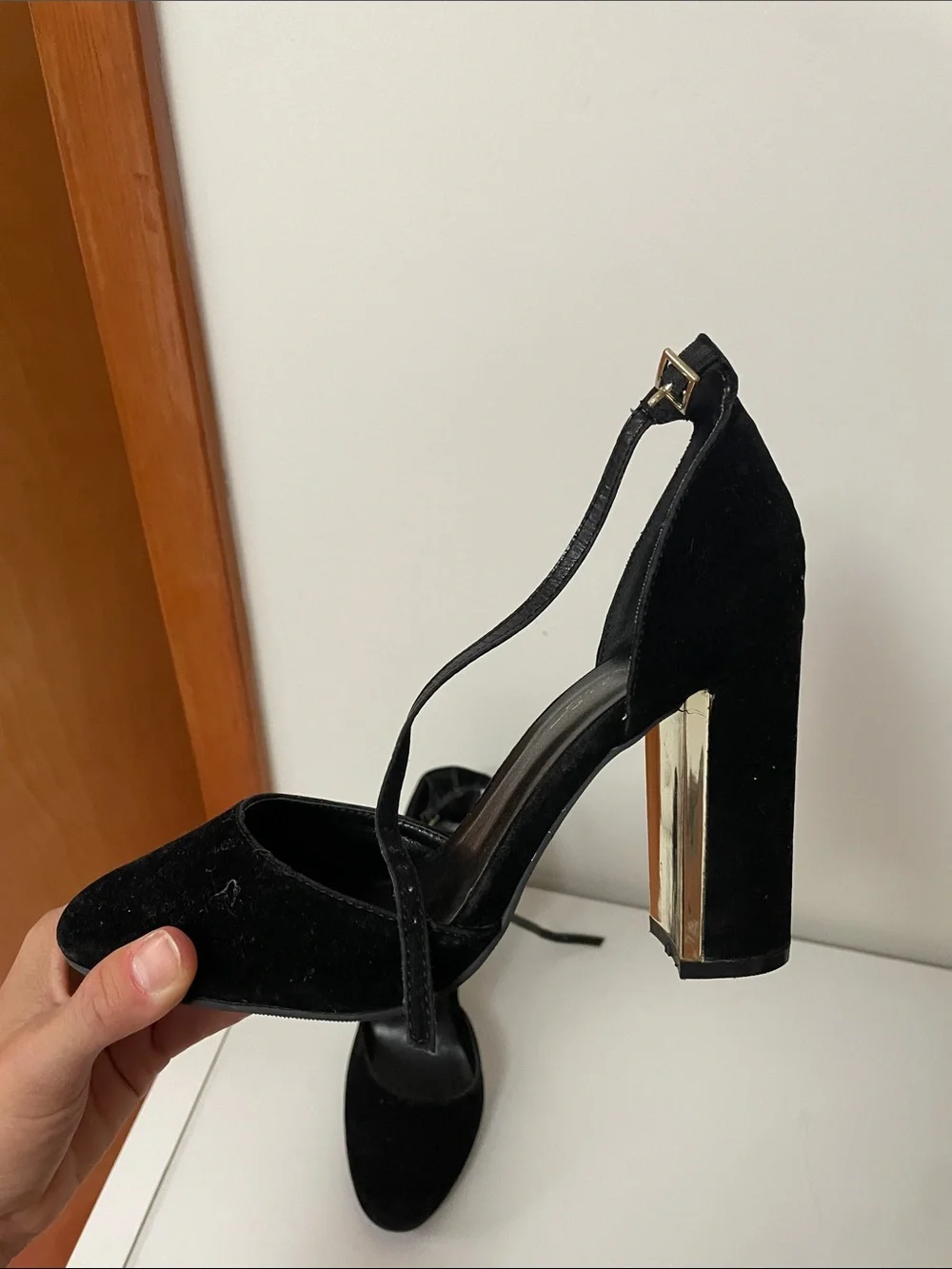 Lulu's Black Velvet Block Heel Ankle-Strap Pumps with Gold Accent